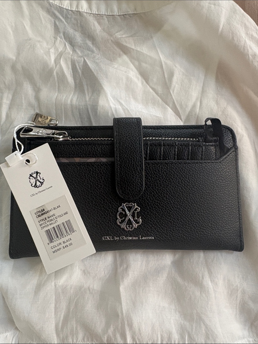 Christian Lacroix Black Bryce Pebble ID Fold Zipper Wallet